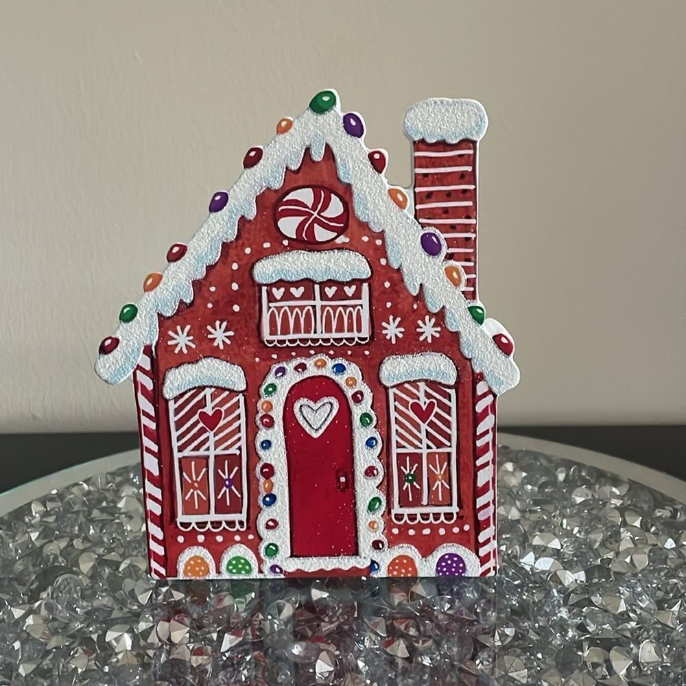 New Eccolo snow red gingerbread house glitter home decoration wooden accent - Picture 2 of 7